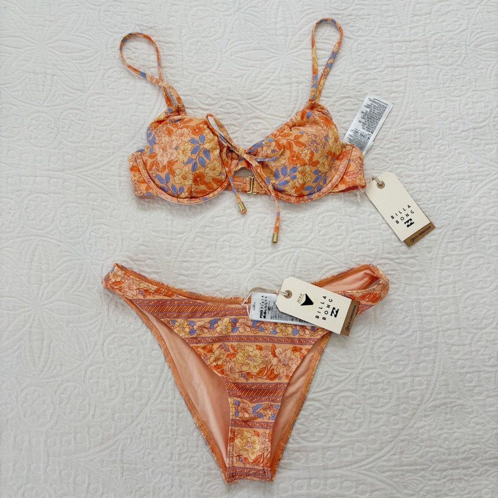 🔥 Billabong Fine By Me Hike Cut Bikini Set, Light Melon Sz L 12